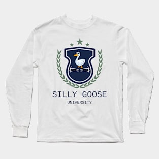 Silly Goose University - Cartoon Goose Blue Emblem With Green Details Long Sleeve T-Shirt